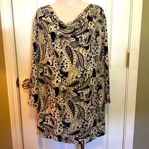 Cato artsy print top size 18/20W. Cowl neck, sequins, long sleeve, date night.